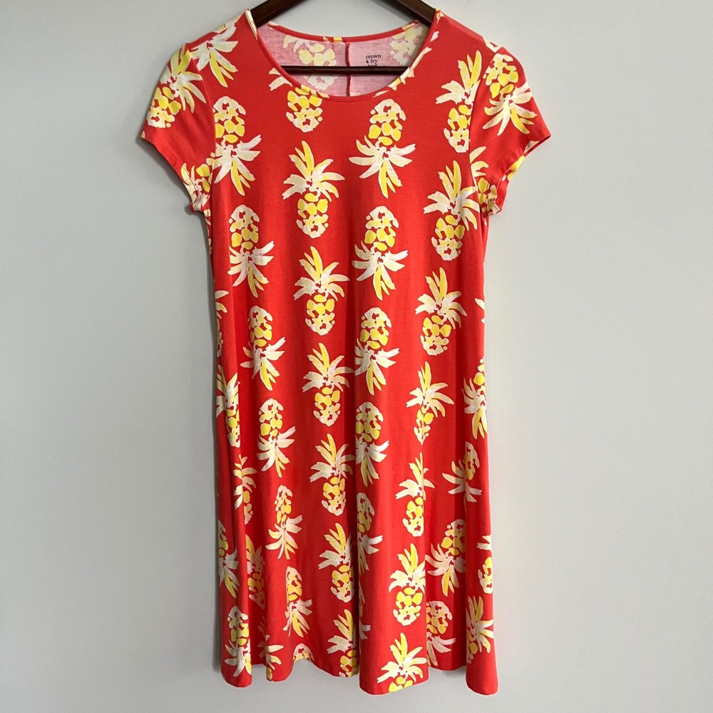 Crown & Ivy Beach Women's Orange Pineapple Print Short Sleeve Dress XS